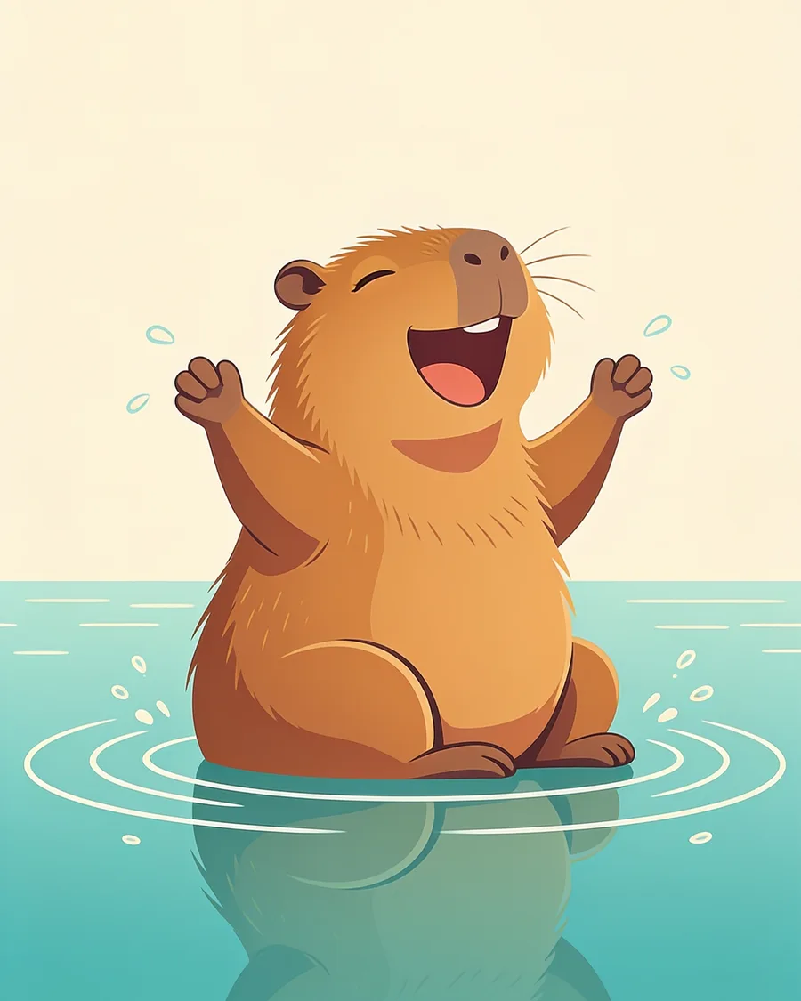 A Cau, capivara da Lagoa, de braços abertos e sorrindo na água